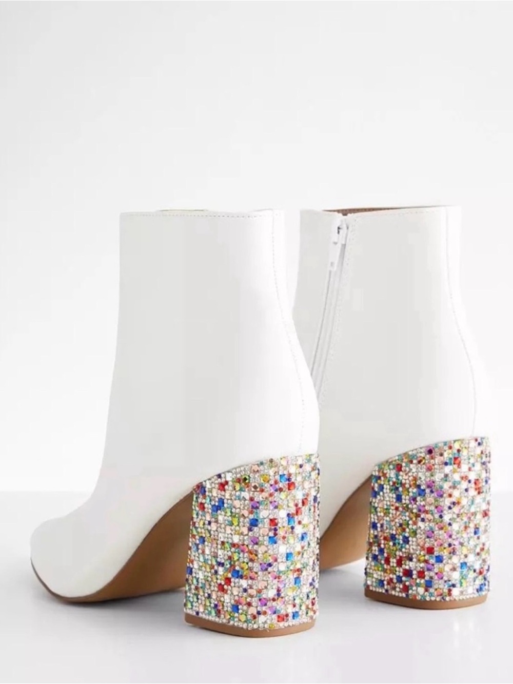 Betsey Johnson White Ankle Boots with Multicolor Jeweled Block Heel